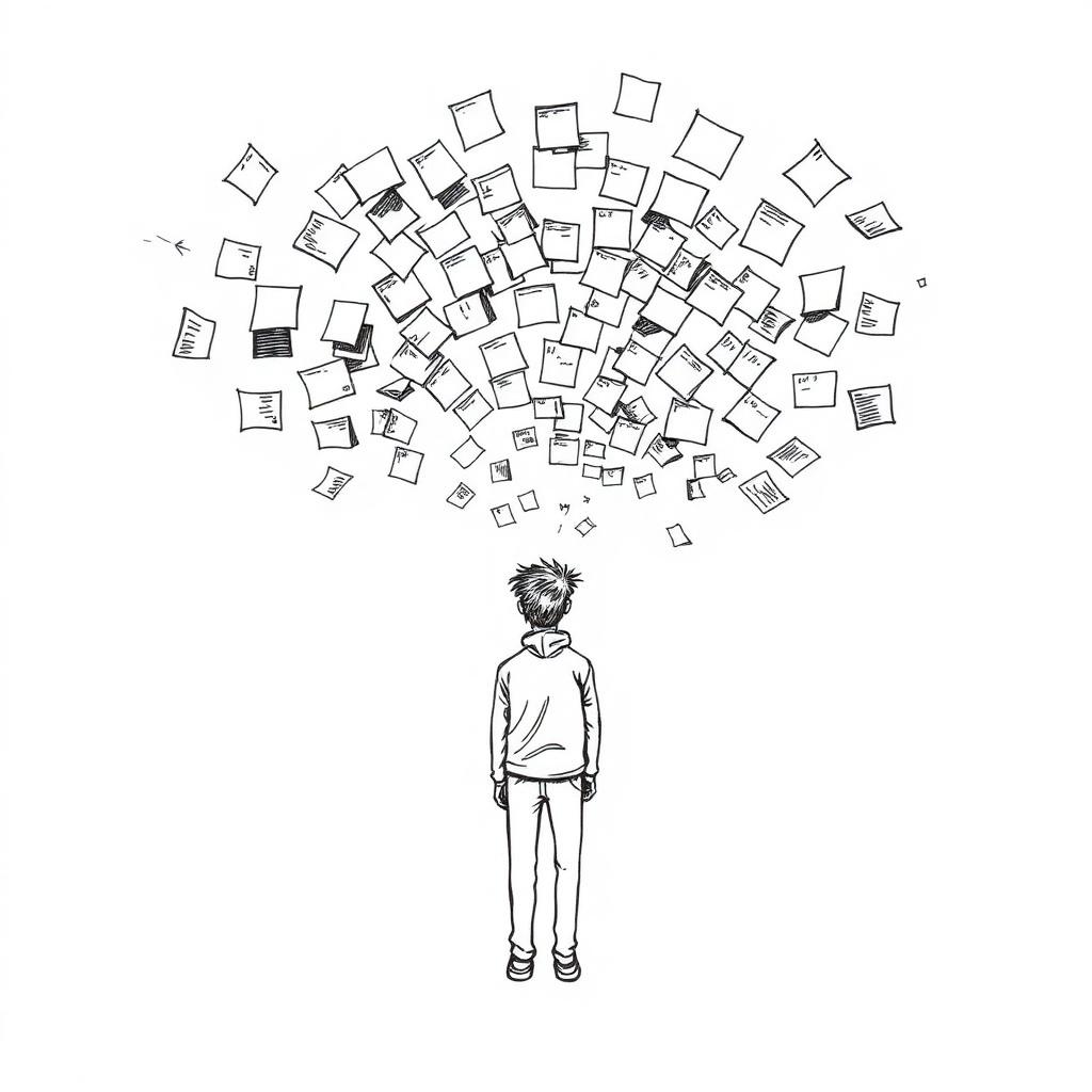A person overwhelmed by a swirl of sticky notes at dawn
